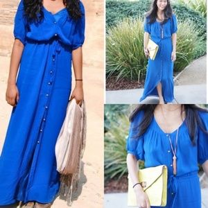 Anthro Cobalt Blue Botton Front Maxi Dress